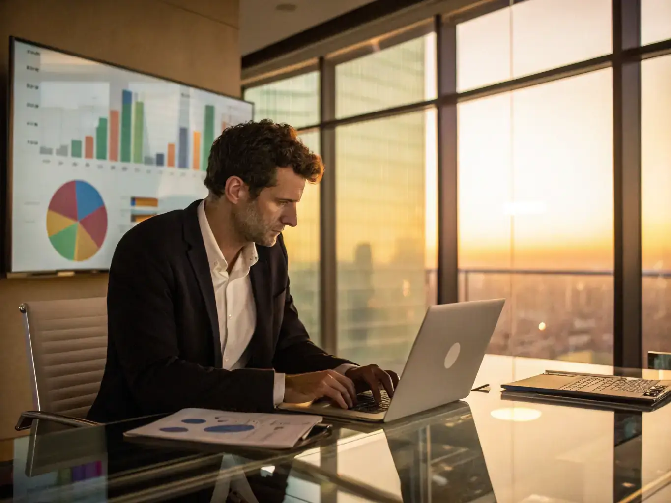 An energetic entrepreneur working late into the night, fueled by sustained energy from optimal nutrition, illustrating the benefit of sustained energy.
