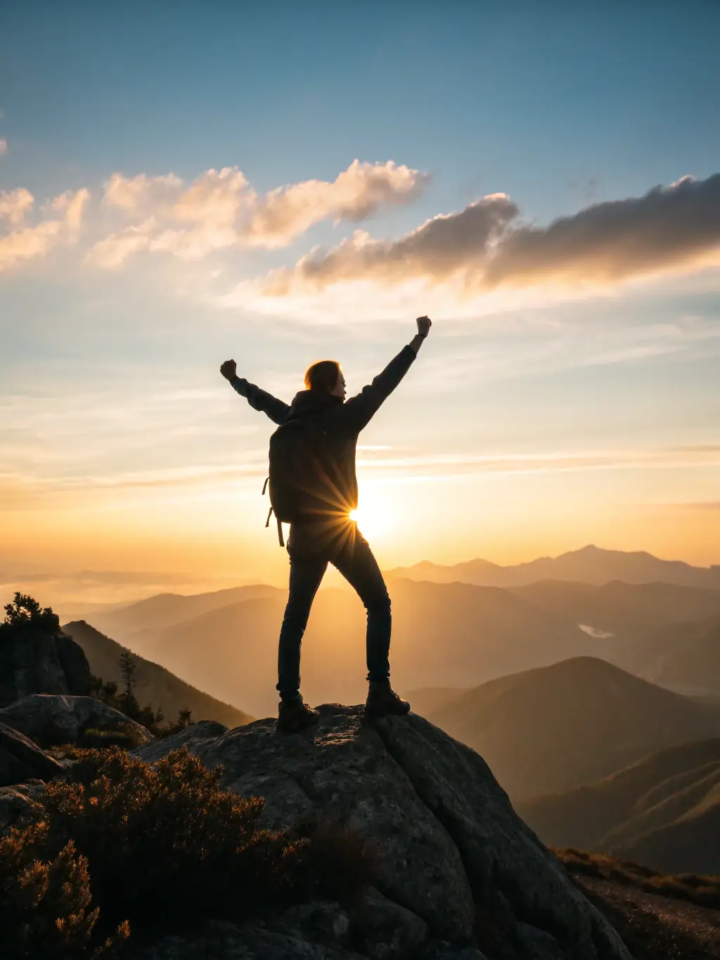 A person confidently reaching the summit of a mountain, symbolizing achievement and goal attainment in a coaching context.