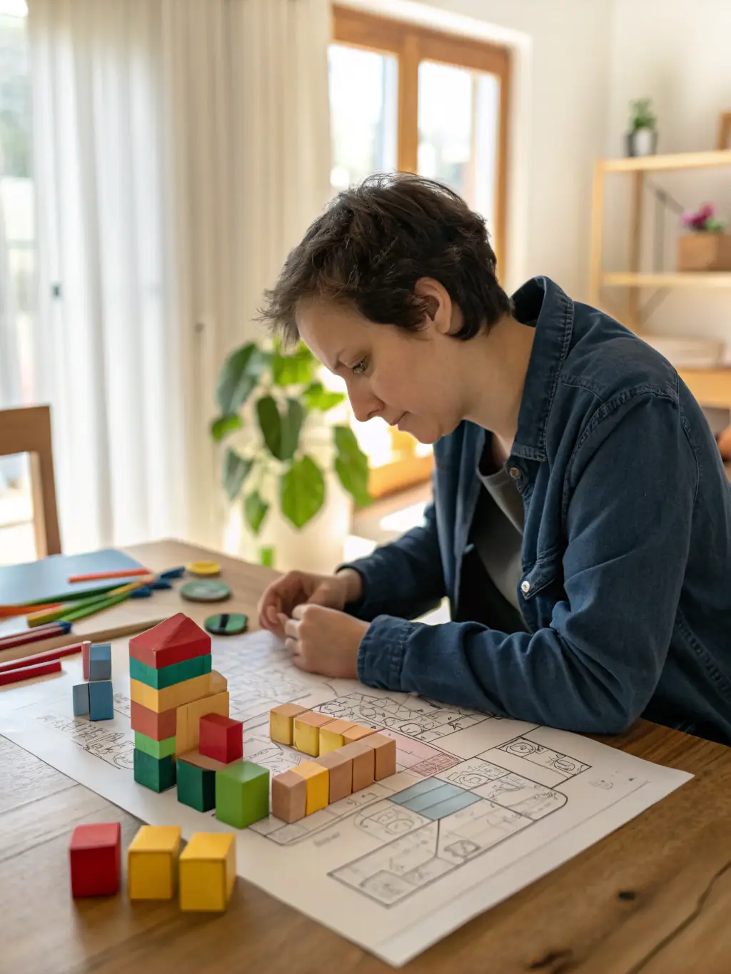 A person building a strong foundation with building blocks, symbolizing the creation of lasting habits and a solid mindset.