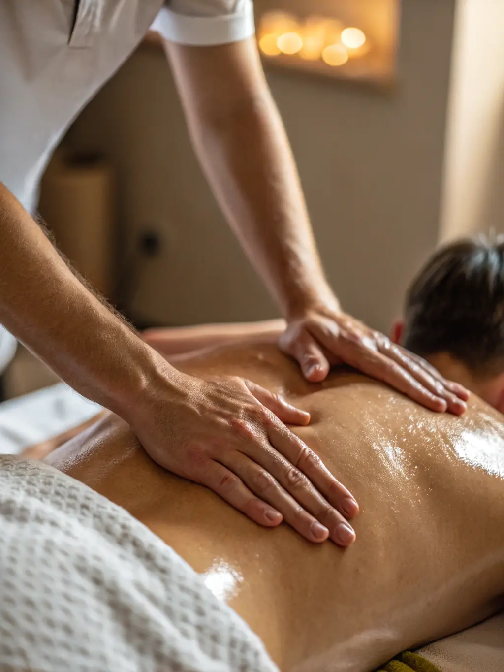 A close-up shot of hands gently kneading a tense muscle on a person's shoulder, illustrating the release of muscle tension during a Swedish massage.