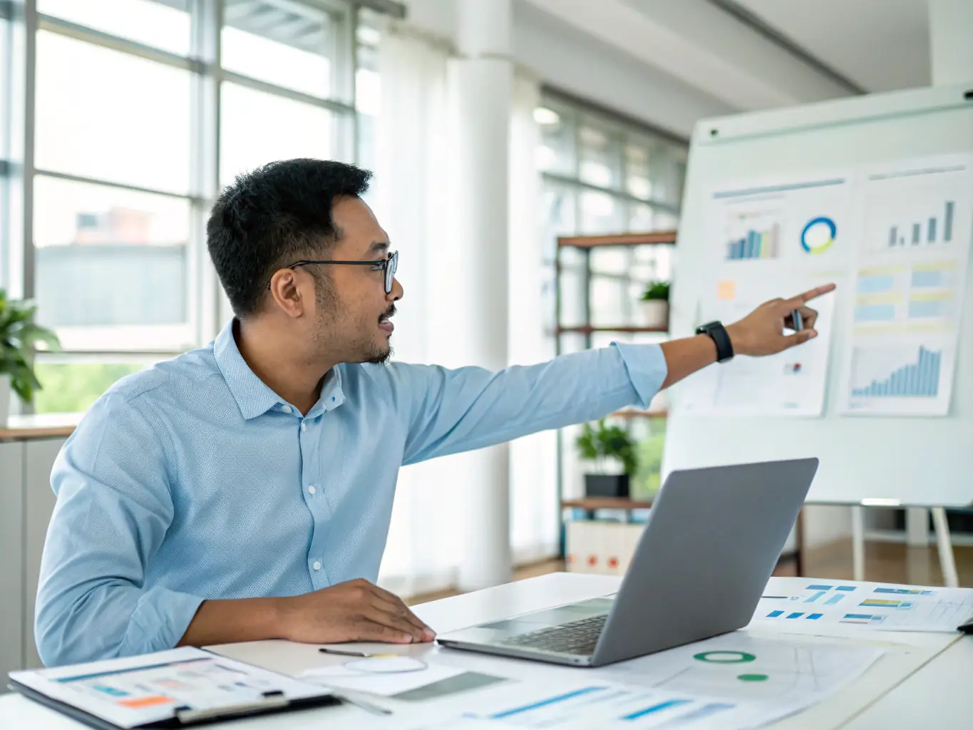 A professional individual successfully presenting a project in a modern office, showcasing improved communication and leadership skills gained through coaching.