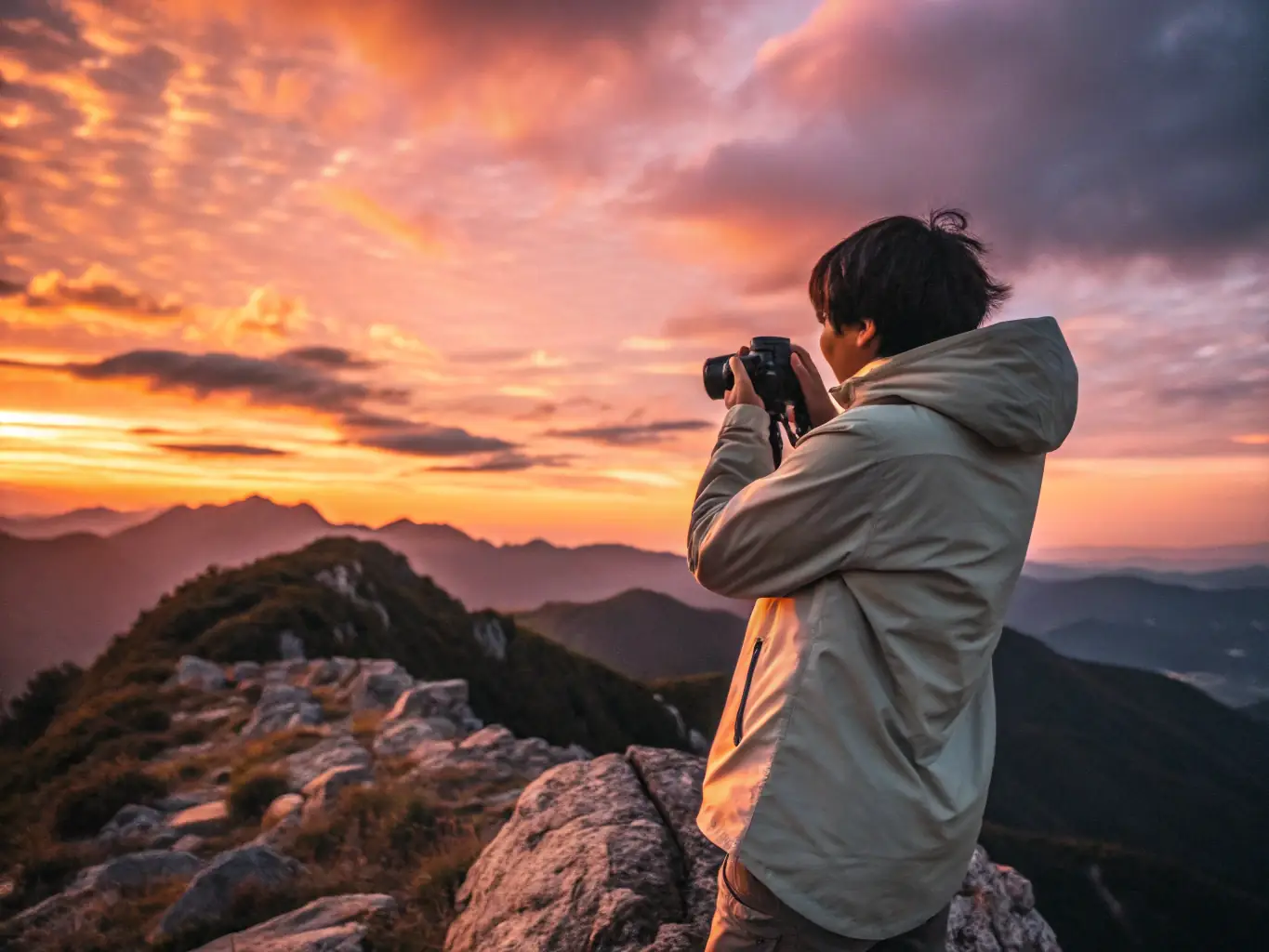 A person confidently standing on a mountaintop at sunrise, symbolizing achievement and new beginnings, representing the benefits of Chris Broddeck's coaching.